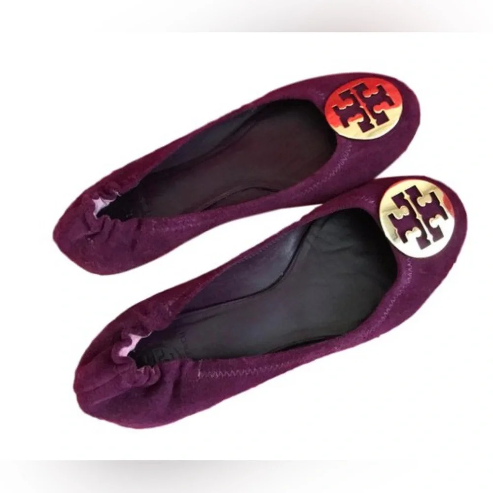 Tory Burch Reva Ballet Flats Womens 9M Purple Good‎ Suede Gold Logo 31138003F13